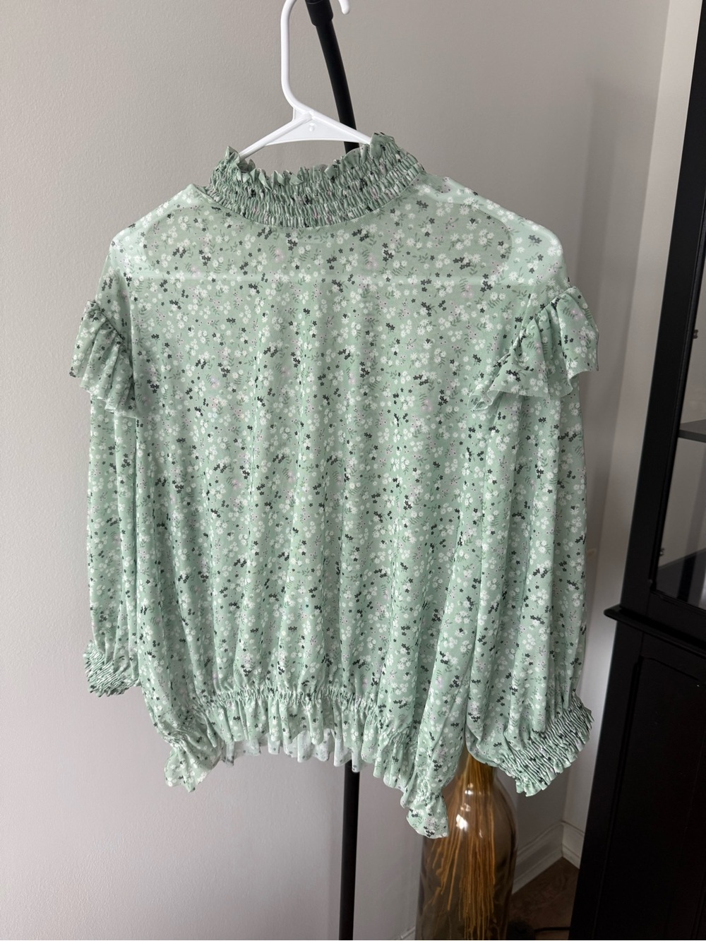 Smocked Neck Mint Floral Peasant Top